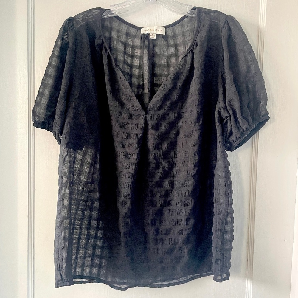 Black Sheer Textured Puff Sleeve Blouse Romantic Chic Dark Academia
